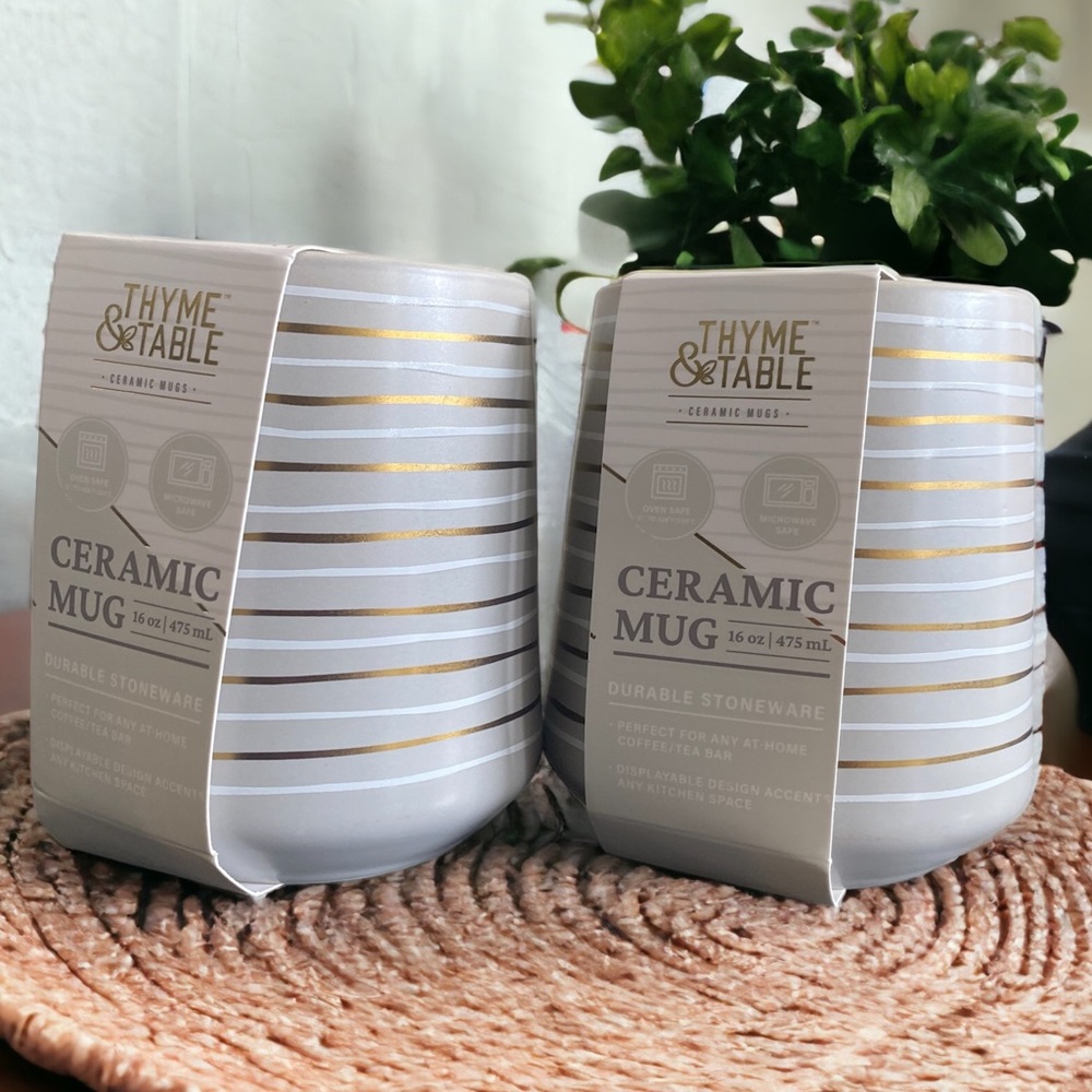 🍀Set of 2 Thyme & Table Stoneware Coffee Mug, 16 fl oz, Gray Stripe